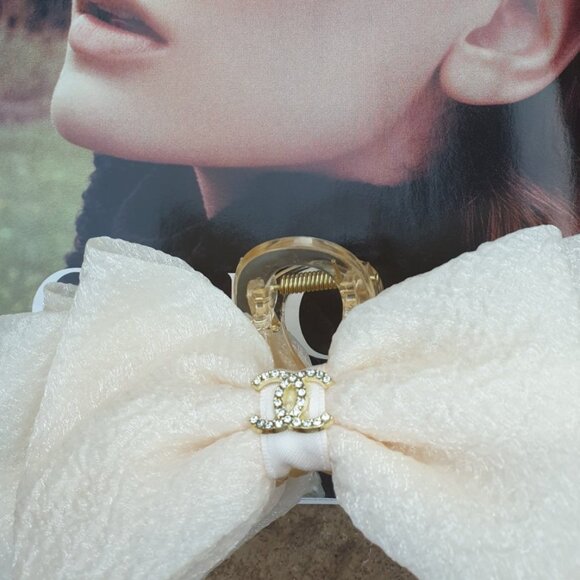 Women Off White Bow Organza Crystals Hair Clip Claw Formal Casual Accessory Gift - Picture 4 of 5
